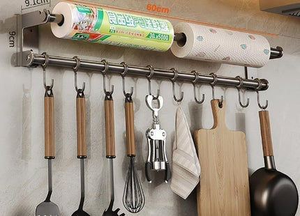 Stainless Steel Wall-Mounted Kitchen Organizer with Hooks, Silver - SABER Center