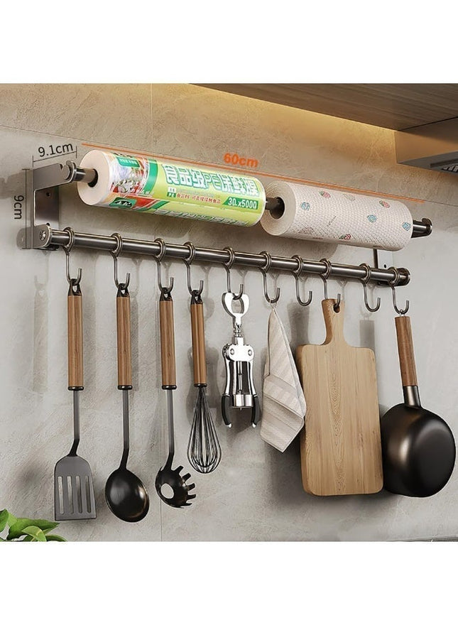 Stainless Steel Wall-Mounted Kitchen Organizer with Hooks, Silver - SABER Center