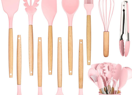 12-Piece Silicone Cooking Utensil Set with Wooden Handles & Holder, Rose - SABER Center