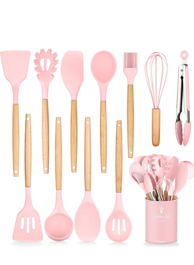 12-Piece Silicone Cooking Utensil Set with Wooden Handles & Holder, Rose - SABER Center