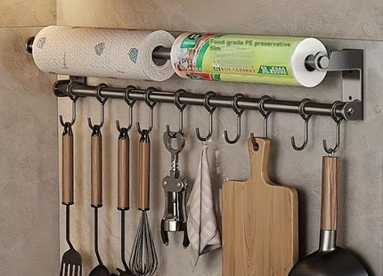 Stainless Steel Wall-Mounted Kitchen Organizer with Hooks, Silver - SABER Center