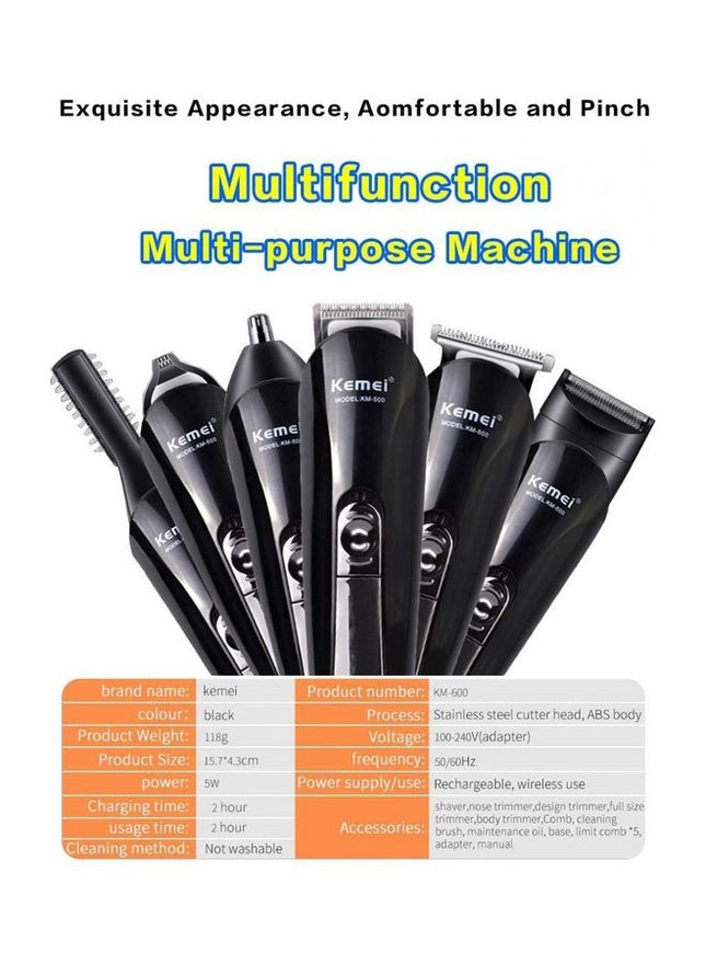 Kemei Rechargeable Hair Trimmer & Grooming Kit, Black - KM600 - SABER Center