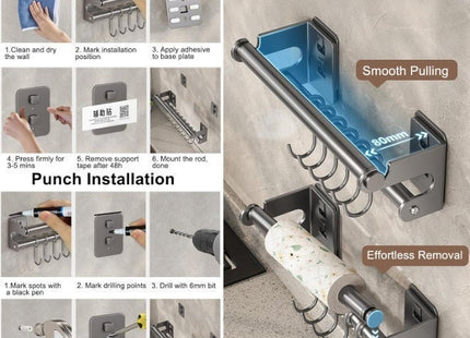 Stainless Steel Wall-Mounted Kitchen Organizer with Hooks, Silver - SABER Center