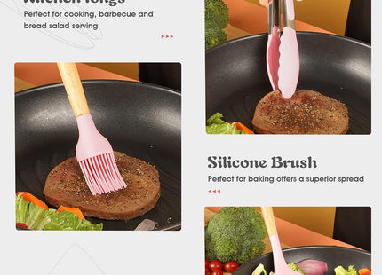 12-Piece Silicone Cooking Utensil Set with Wooden Handles & Holder, Rose - SABER Center