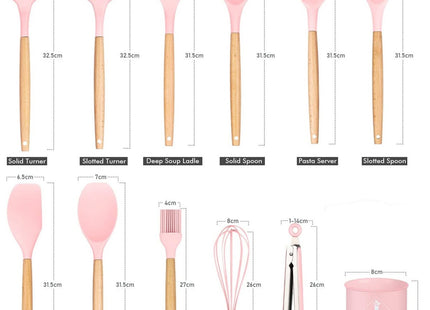 12-Piece Silicone Cooking Utensil Set with Wooden Handles & Holder, Rose - SABER Center