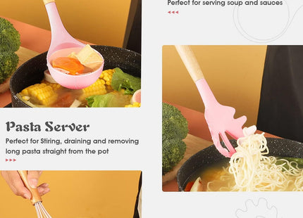 12-Piece Silicone Cooking Utensil Set with Wooden Handles & Holder, Rose - SABER Center