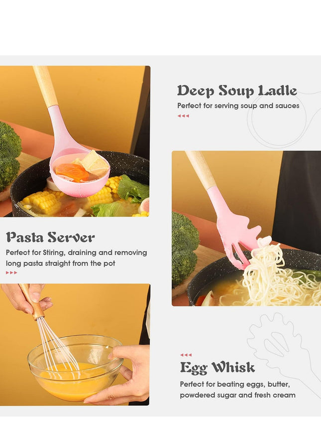 12-Piece Silicone Cooking Utensil Set with Wooden Handles & Holder, Rose - SABER Center