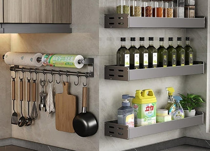 Stainless Steel Wall-Mounted Kitchen Organizer with Hooks, Silver - SABER Center