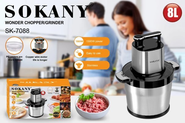 Sokany Electric Chopper 8 Liter, 1500 Watt Silver Black - SK-7088N - SABER Center