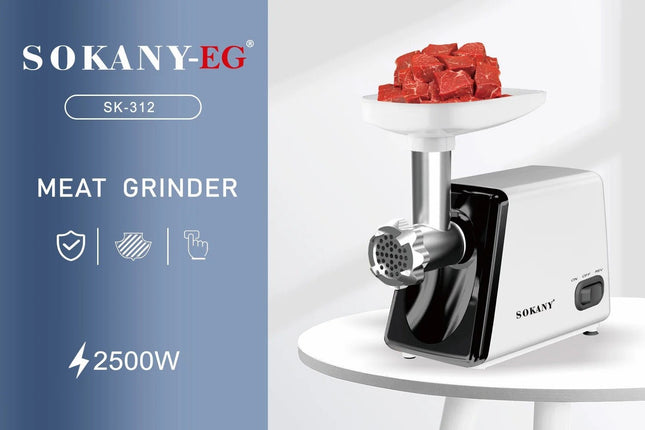 Sokany Meat Mincer with Attachments 2500 Watt, Black White - SK-312 - SABER Center